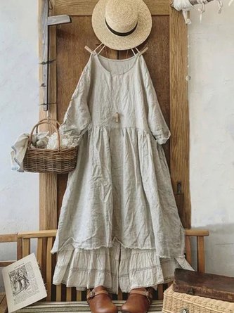 Vintage Plain Plus Size Long Sleeve Casual Weaving Dress