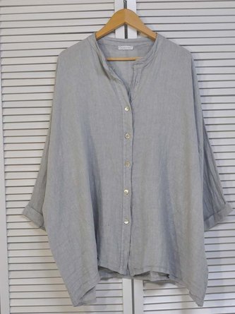 Gray Blue Buttoned Solid Long Sleeve Blouse