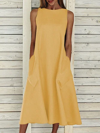 Women Cotton Sleeveless Crew Neck Weaving Dress Summer Pockets Weaving Dress