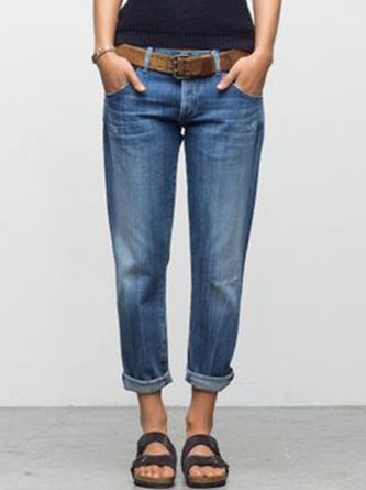 Blue Denim Washed Casual Patchwork Jeans
