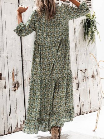Leaves 3/4 Sleeve V Neck Printed Weaving Dress