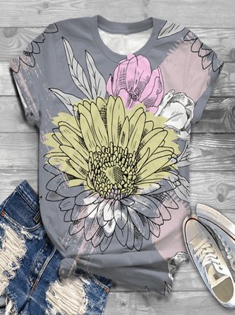 Women Vintage Short Sleeve Statement Floral Printed Crew Neck Casual Top