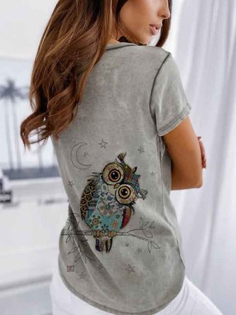 Gray Vintage V Neck Animal Cotton T-shirt