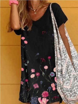 Black Short Sleeve Casual Printed Knitting Dress