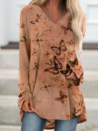 Cotton-Blend V Neck Casual T-shirt