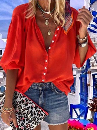 Balloon Sleeve V Neck Blouse