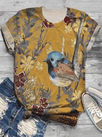 Yellow Casual Short Sleeve Summer Batik Grahpic T-Shirts for Women