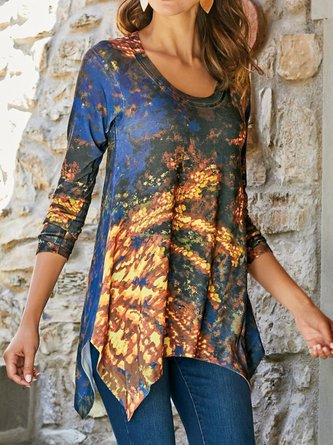 Blue Cotton-Blend Long Sleeve Printed Crew Neck Hoodies & Sweatshirt