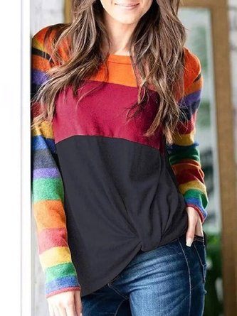 Multicolor Floral-Print Crew Neck Stripes Casual Top