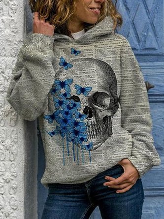 Gray Cotton-Blend Long Sleeve Skull Sweatshirt