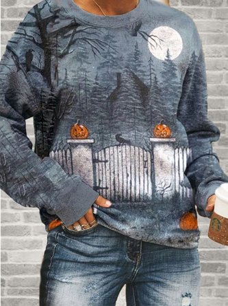 Light Blue Crew Neck Printed  Outdoor Sweatshirt