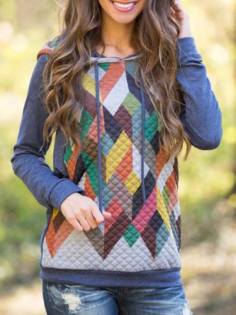 Blue Casual Paneled Geometric Hoodie Sweatshirt
