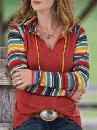 Red Stripes Floral-Print Casual Hoodie Sweatshirt