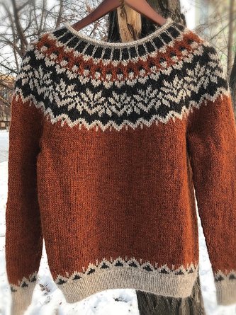 Brown Long Sleeve Vintage Cotton Crew Neck Sweater