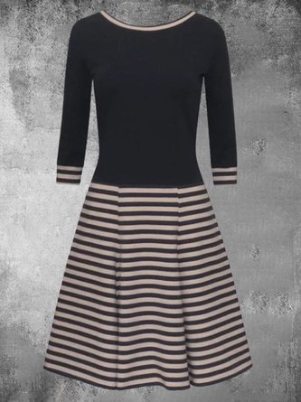 Cotton-Blend Striped Crew Neck Long Sleeve Casual Knitting Dress
