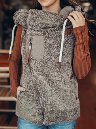 Gray Hoodie Sleeveless Cotton-Blend Patchwork Outerwear