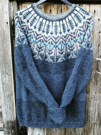 Light Blue Long Sleeve Tribal Cotton Crew Neck Sweater