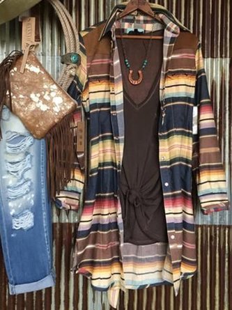 Brown Casual Shirt Collar Shift Long Sleeve Knit coat