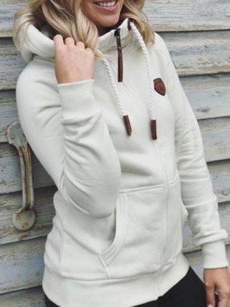 White Cotton-Blend Pockets Hoodie Long Sleeve Outerwear