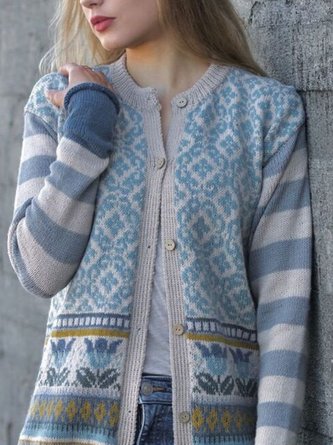 Large size Blue Long Sleeve Jacquard Sweater