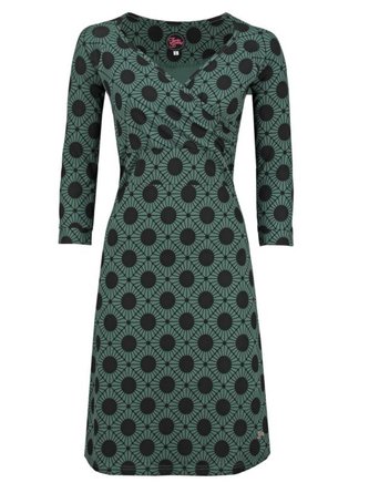 Green Floral-Print V Neck Geometric Long Sleeve Knitting Dress