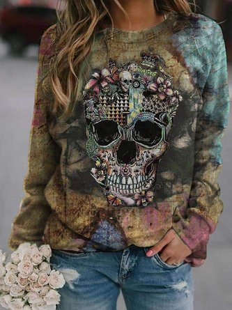 Skull Crew Neck Long Sleeve Vintage Sweatshirt