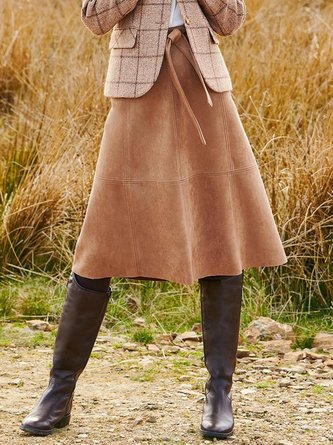 Khaki Suede Vintage Casual A-Line Skirt