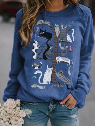 Vintage Statement Cat Printed Long Sleeve Crew Neck Casual Top