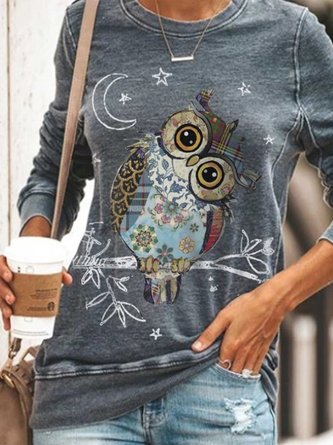Vintage Owl Star Moon Printed Plus Size Long Sleeve Crew Neck Casual Tops
