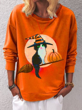 Orange Bateau/boat Neck Casual Animal Shift Sweatshirt