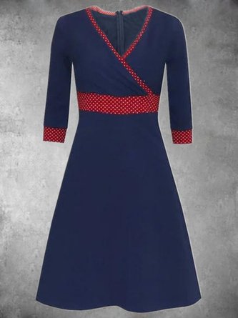 Vintage Long Sleeve Polka Dots Printed V Neck Plus Size Casual Knitting Dress