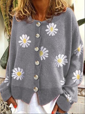 Long Sleeve Cotton-Blend Shift Floral Sweater