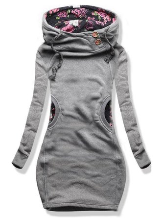 Gray Cotton-Blend Buttoned Long Sleeve Hoodie Sweatshirts