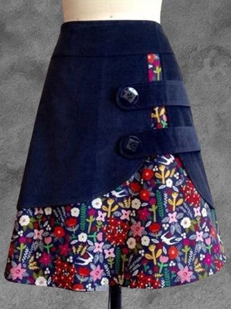 Dark Blue Printed Floral A-Line Vintage Casual Skirt