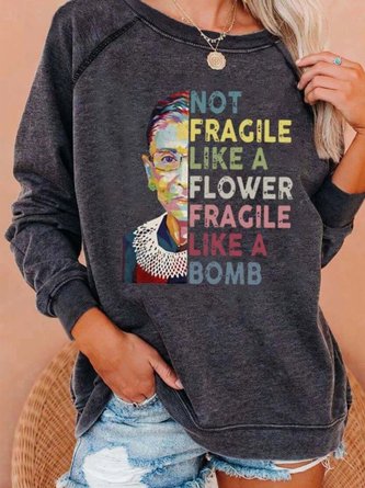 Women Casual Deep Gray Letter Printed Long Sleeve Top