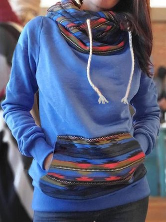Blue Patchwork Hoodie Vintage Printed Sweatshirt
