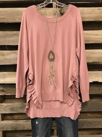 Pink Cotton-Blend Asymmetric Casual Round Neck T-shirt