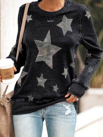 Black Casual Star Floral-Print Crew Neck Shirts & Tops