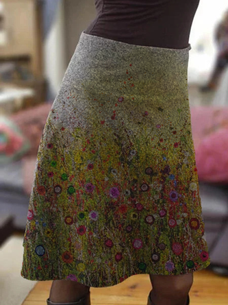 Gray Casual Floral Cotton-Blend Skirt