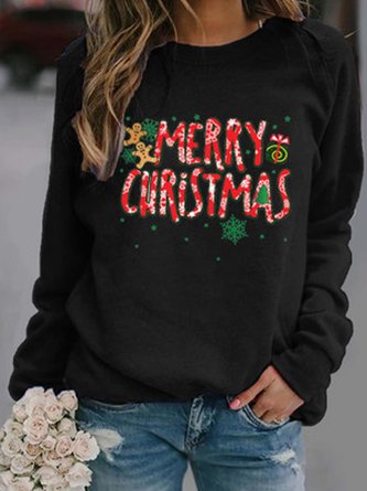 Letter  Sleeve Long Sleeve  Printed   Polyester  Crew Neck Merry Christmas Top Xmas Hoodies