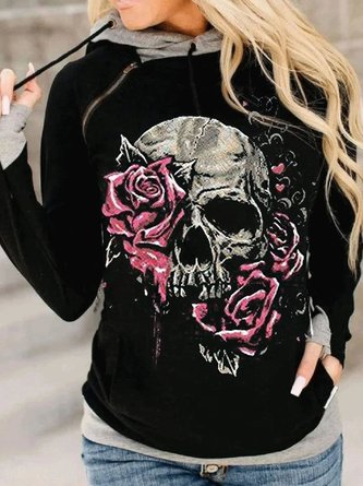 Pure color hooded skull print Halloween casual warm sweater