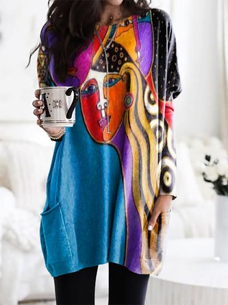 Long Sleeve Abstract Cotton-Blend Knitting Dress
