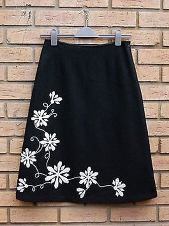 Black Floral Printed Casual Vintage A-line Skirt