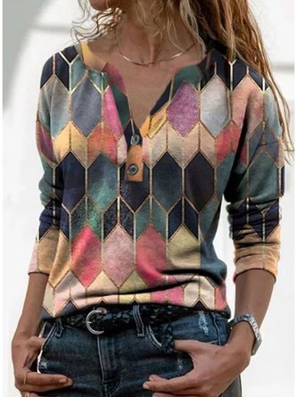 Women Casual Geometric Color Block Long Sleeve Shirt