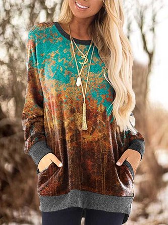Long Sleeve Floral-Print Crew Neck Casual Tops