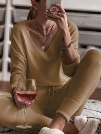New Fashion Comfortable Chic Long Sleeve Knitted Vintage V Neck Sleepwear Loungewear Suits