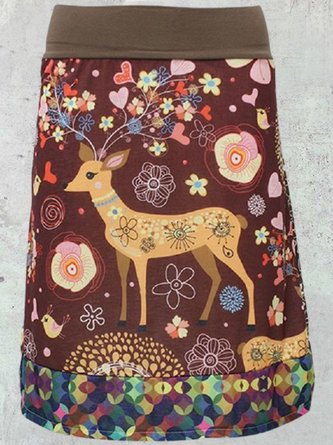 Brown Animal Printed  Vintage Casual Shift Skirt