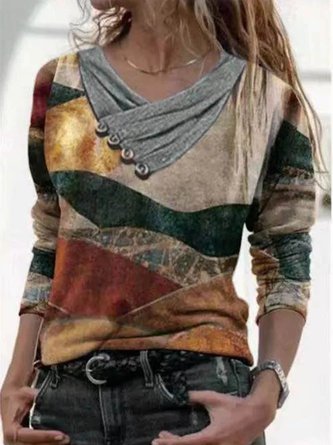 Women Vintage Cotton Abstract Print Long Sleeve Sweatshirt