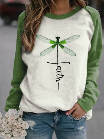 Casual Green Dragonfly Long Sleeve Floral-Print Top