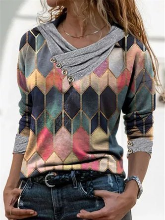 Women Casual Geometric Color Block V-Neck Long Sleeve Top
